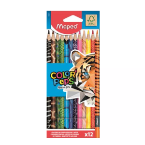 Színes ceruza készlet, háromszögletű, MAPED "Color`Peps Animal", 12 különböző szín