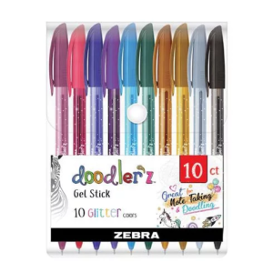 Zseléstoll készlet, 0,33 mm, kupakos, ZEBRA "Doodler'z Glitter", 10 csillogó vegyes szín