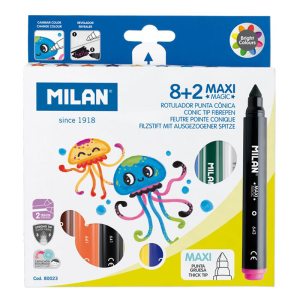 Filctoll készlet MILAN 643 Maxi, 8 db színes filctoll + 2 db "varázsfilc", 7 mm-es hegy, hengeres test