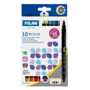 Filctoll készlet MILAN 6310, 10 db-os - 20 különböző szín, kétvégű "Bicolour" filctoll, 5 mm-es hegy, hengeres test